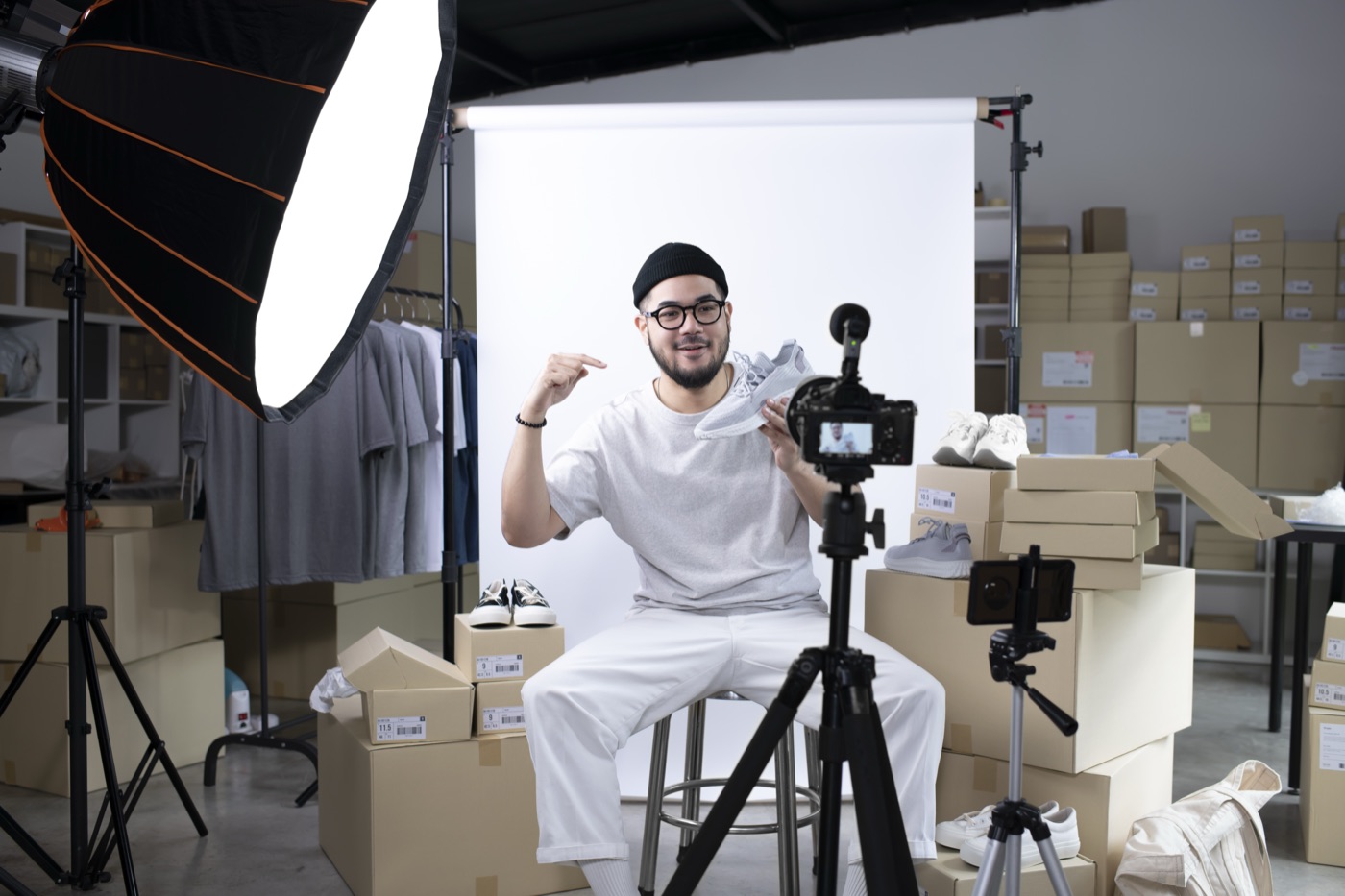 A creator filming a product video in a studio